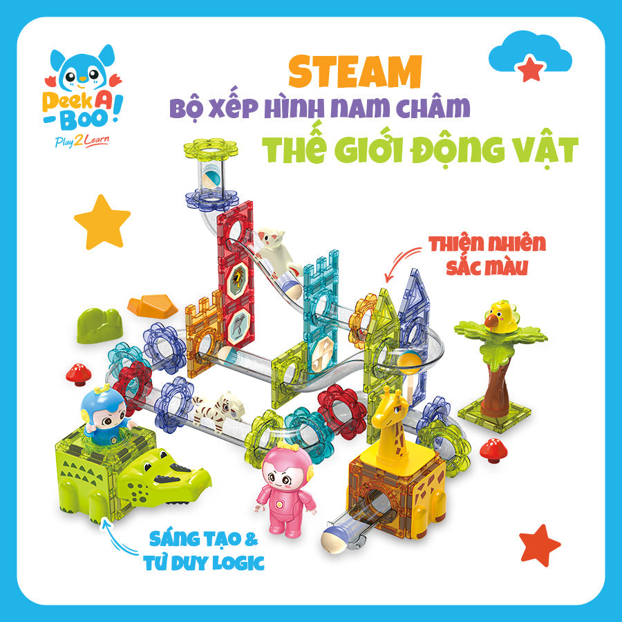 Đồ chơi STEAM xếp hình nam châm động vật 104 chi tiết PEEK A BOO PAB045