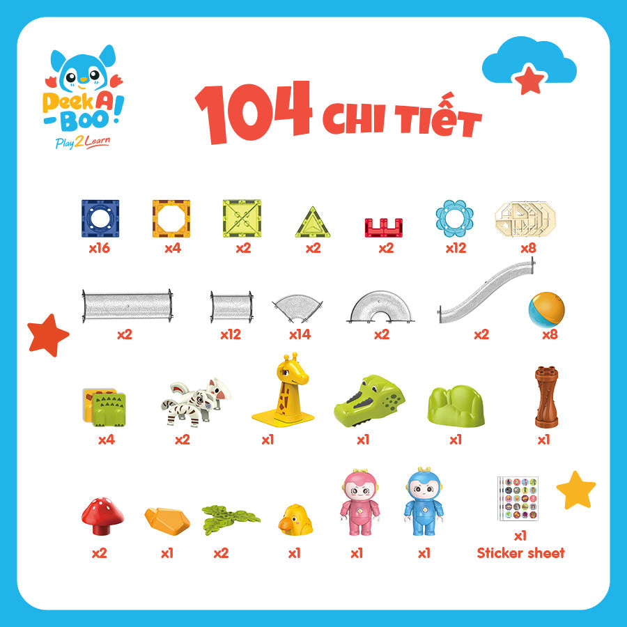 Đồ chơi STEAM xếp hình nam châm động vật 104 chi tiết PEEK A BOO PAB045