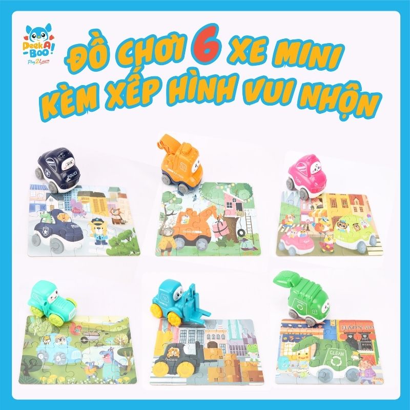 Đồ chơi 6 xe mini kèm xếp hình vui nhộn PEEK A BOO PAB012