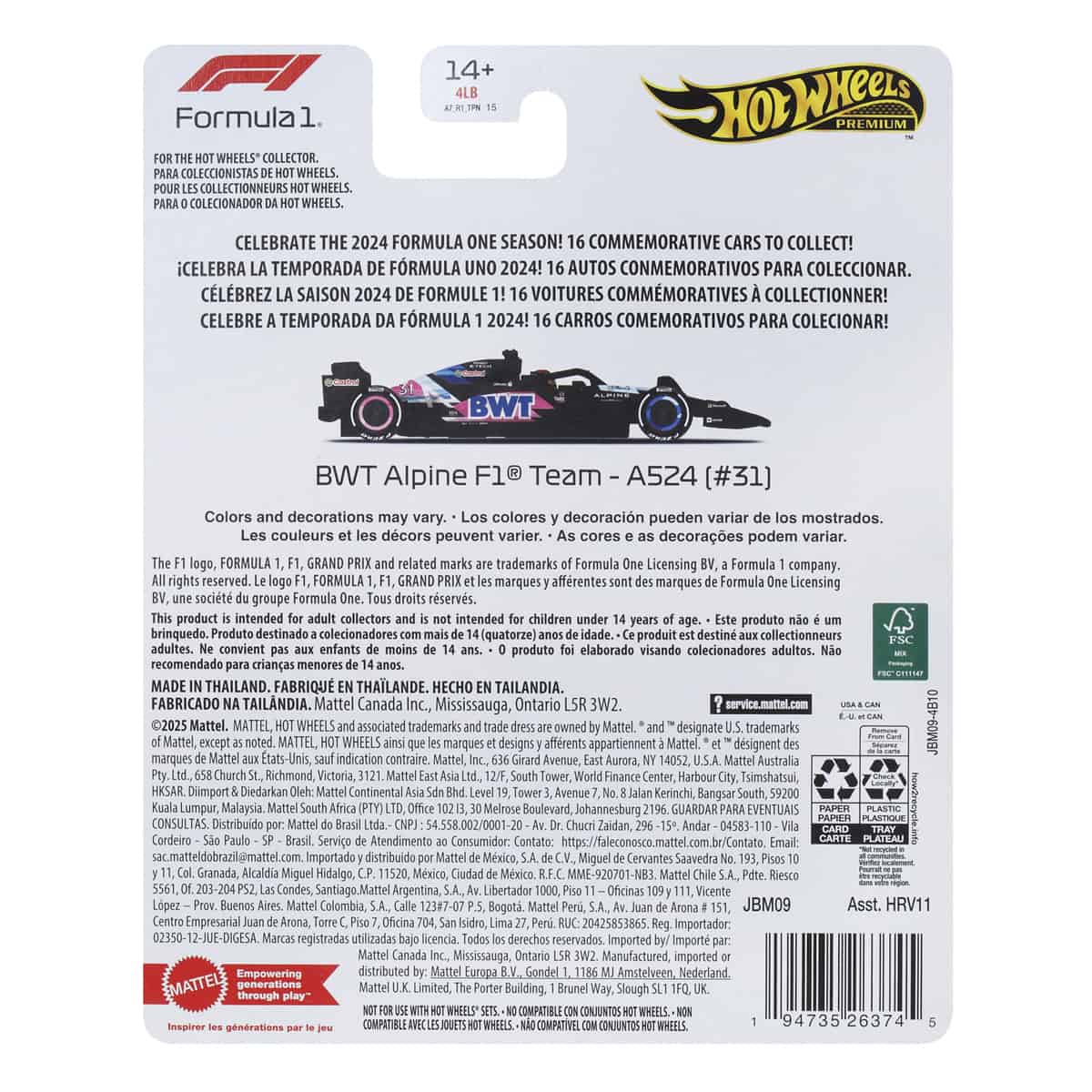 Đồ Chơi Mô Hình Siêu Xe đua F1 Bwt Alpine F1 HOT WHEELS HRV11