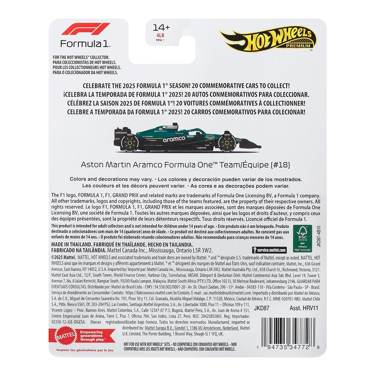 Đồ Chơi Siêu Xe Đua F1 Race Team Aston Martin - Tay Đua Số 18 HOT WHEELS JKD87/HRV11