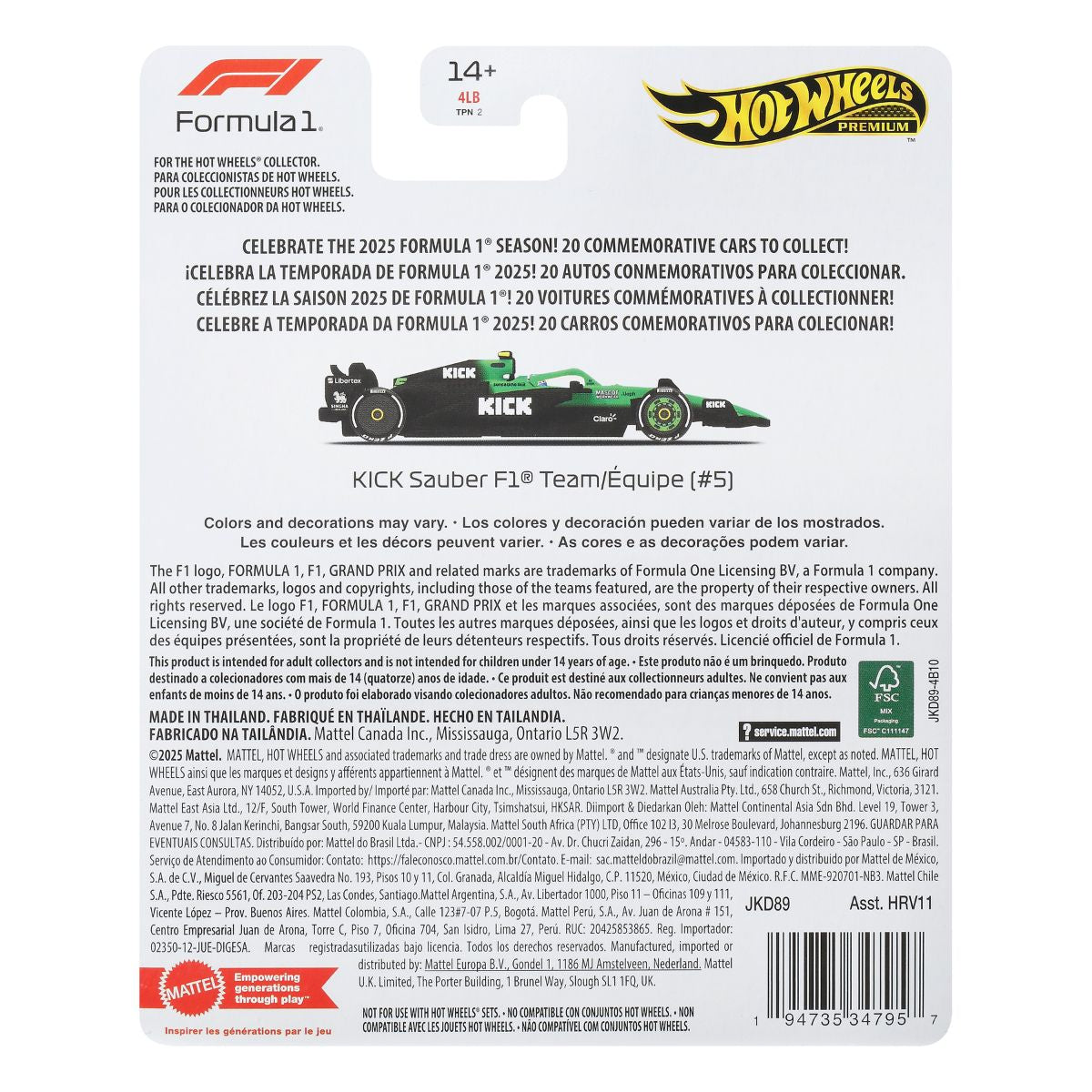 Đồ Chơi Siêu Xe Đua F1 Team Sauber - Tay Đua 05 HOT WHEELS JKD89/HRV11