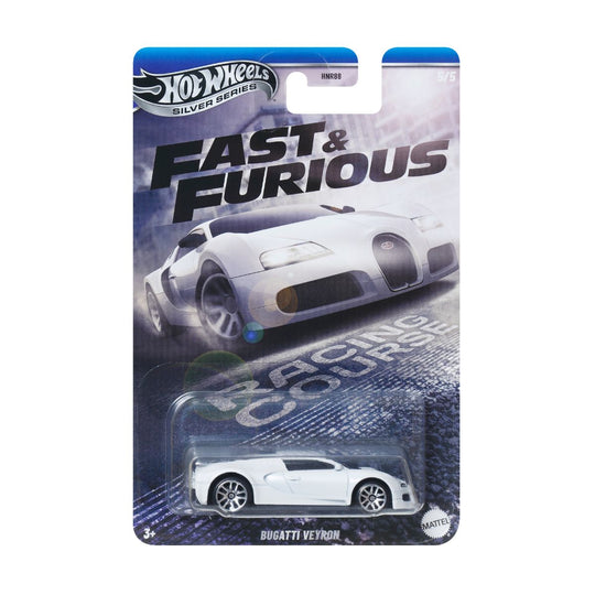 Hot Wheels toy model of a supercar: Fast and Furious Bugatti Veyron HNR88
